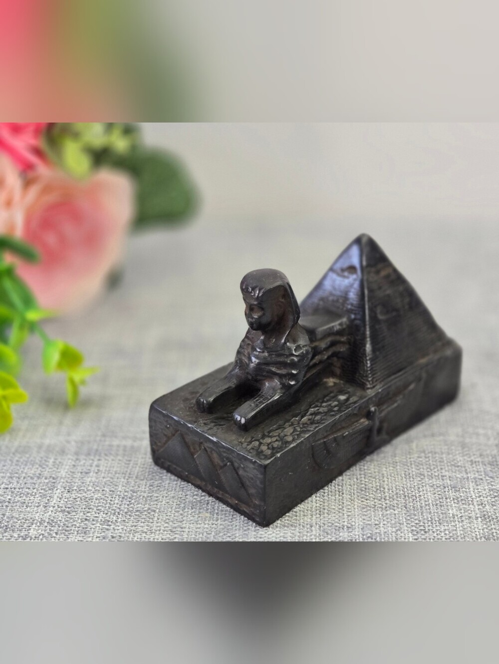 Vintage Egyptian Black Resin Sphinx & Pyramid Figurine Statue - Detailed Winged